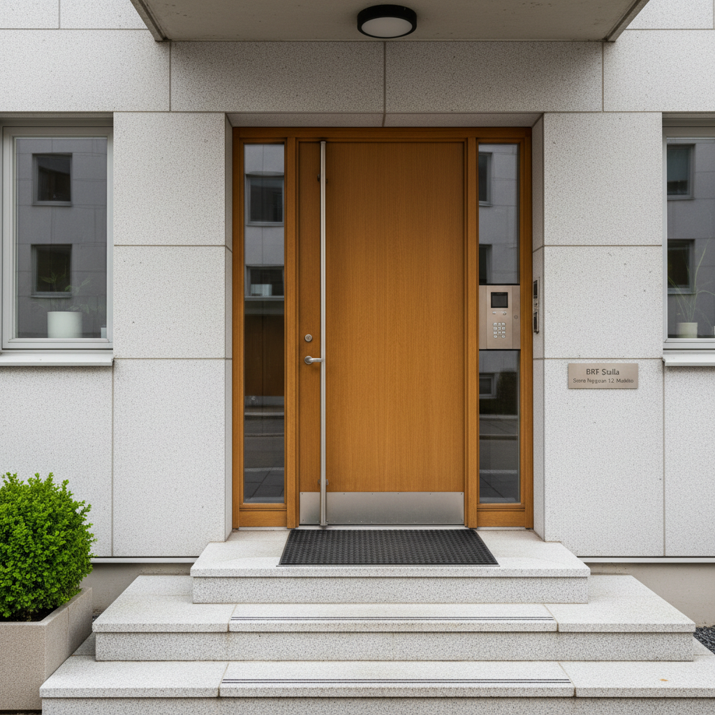 A neat entrance to a Malmö condominium association labeled BRF Stella, featuring a solid oak door with a brushed steel handle, secure entry system, and a discreet, polished metal nameplate engraved with the association’s name and street address. The entrance is framed by clean, light-gray stone walls and a well-maintained doormat on pale granite steps. Soft, diffused daylight from an overcast sky illuminates the scene, creating subtle reflections on the metal details and gentle shadows around the doorway. Photographed straight-on at eye level in a clean, modern, photographic realism style, the composition centers the entrance and includes a hint of the building’s facade and a planted shrub in the corner, conveying security, professionalism, and a welcoming, well-organized living environment.