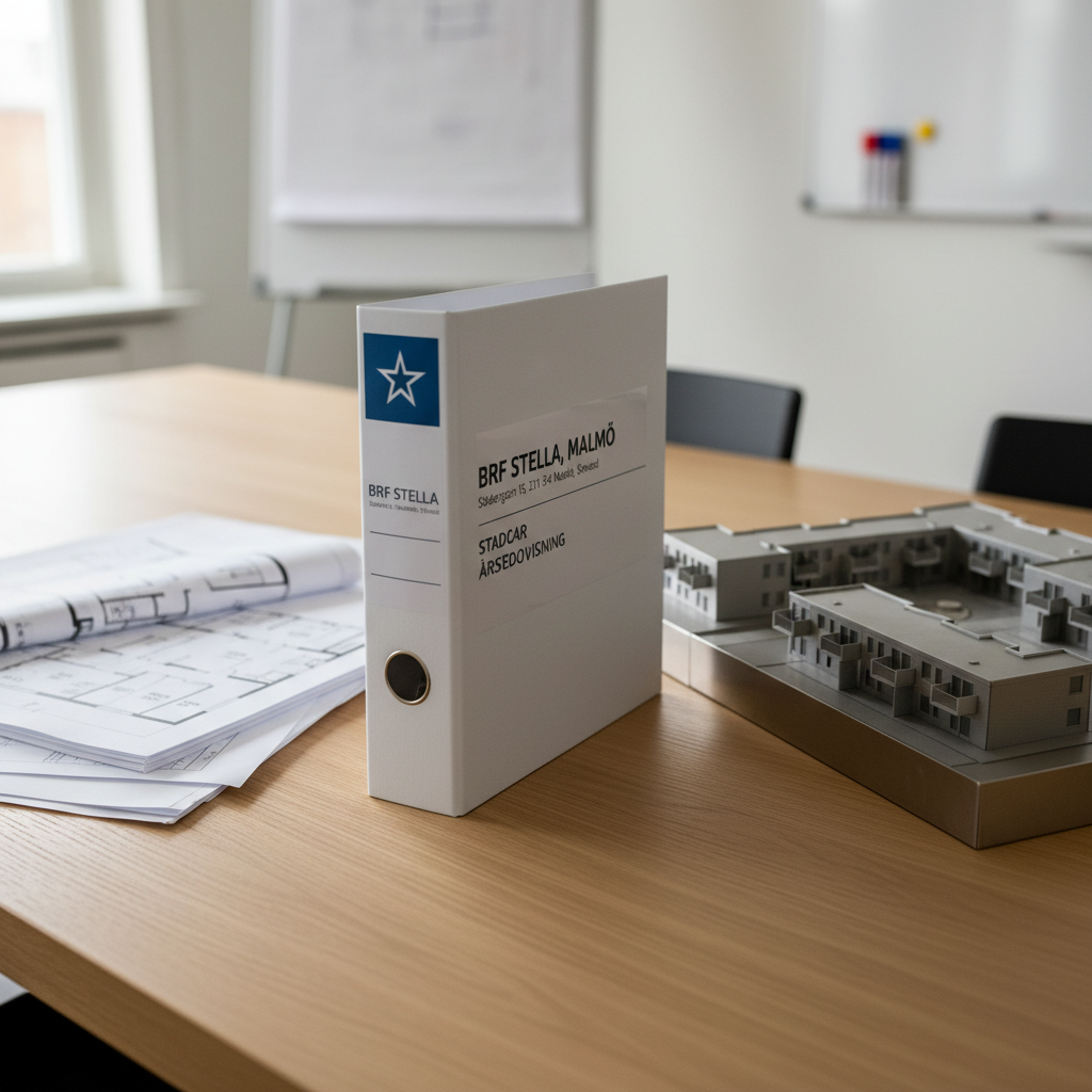 A detailed close-up of a professional BRF Stella, Malmö, information binder resting on a light oak meeting table in a small association conference room. The binder has a clean white cover with the BRF Stella logo, address, and the word “Stadgar” and “Årsredovisning” printed in modern typography. Around it lie neatly stacked printed floor plans and a small, metal building model showing the layout of the property. The table surface is smooth and uncluttered, with a neutral-colored wall and a blurred glimpse of a whiteboard in the background. Soft, natural side light from a nearby window creates gentle shadows and clear, readable contrast on the documents. Photographed with a shallow depth of field and photographic realism, the mood is professional, transparent, and informative, tailored for real estate agents and prospective buyers.